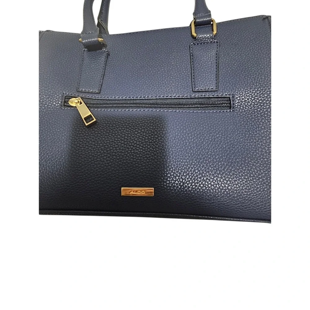 Aldo Navy Blue Pebbled Satchel Handbag Red Cream Stripe‎ Gold Hardware Tote
